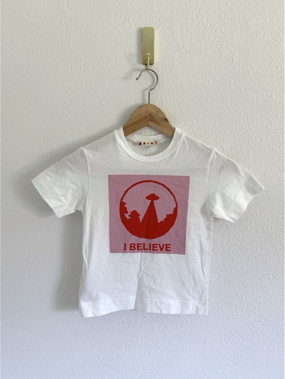 Marni Child Size 4 “I Believe” 100% Cotton Boxy Large Logo T-Shirt